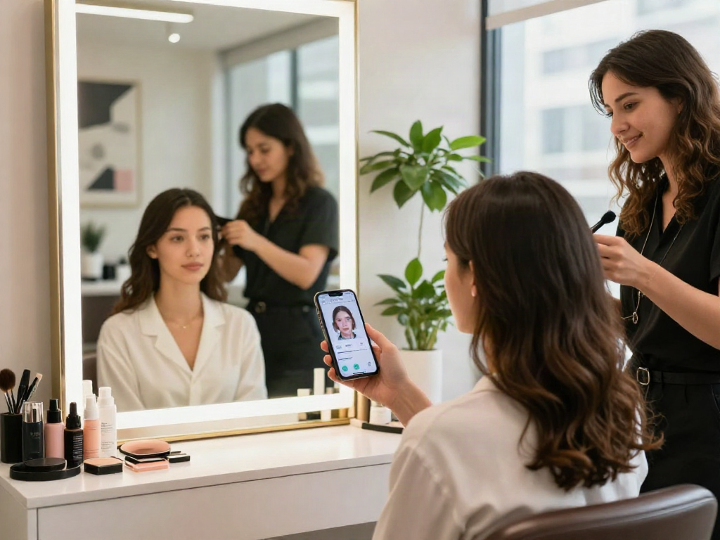 Person taking an attractiveness test in a modern salon with beauty products and a stylist.