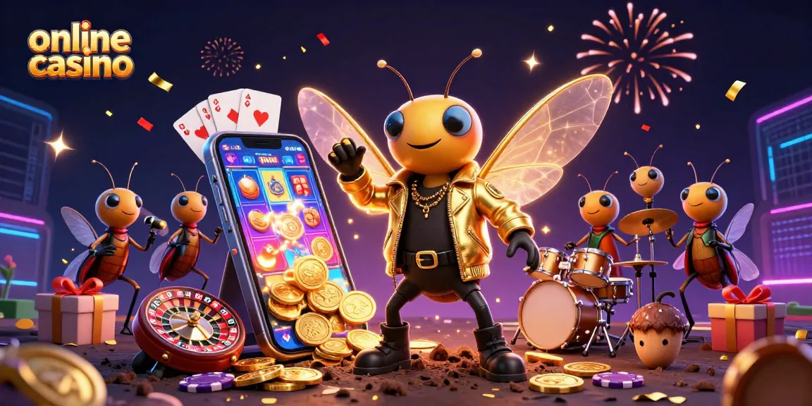 Experience exciting gameplay at an online casino featuring a vibrant rock star performance with slots and cards.