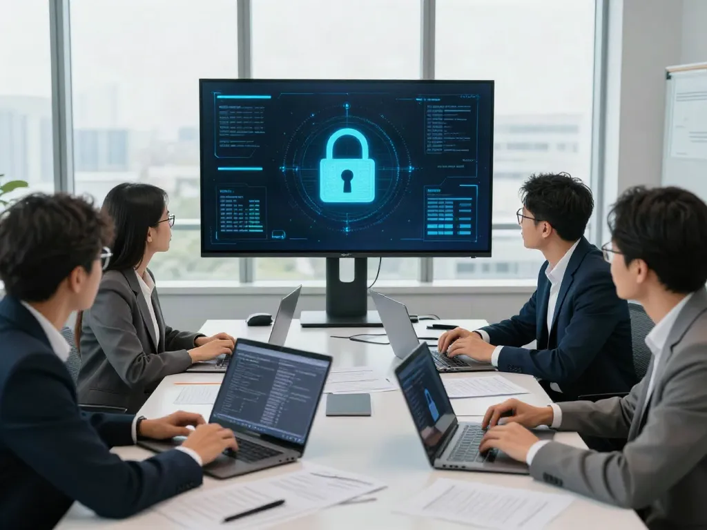 Deepfake protected meetings in a secure corporate environment with diverse professionals collaborating over encrypted data.