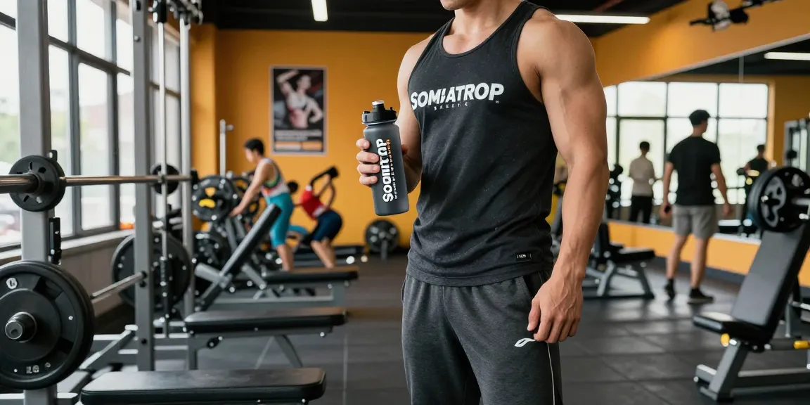 Active individual in a vibrant gym showcasing the Somatrop Steroid Shop brand, preparing for a workout.