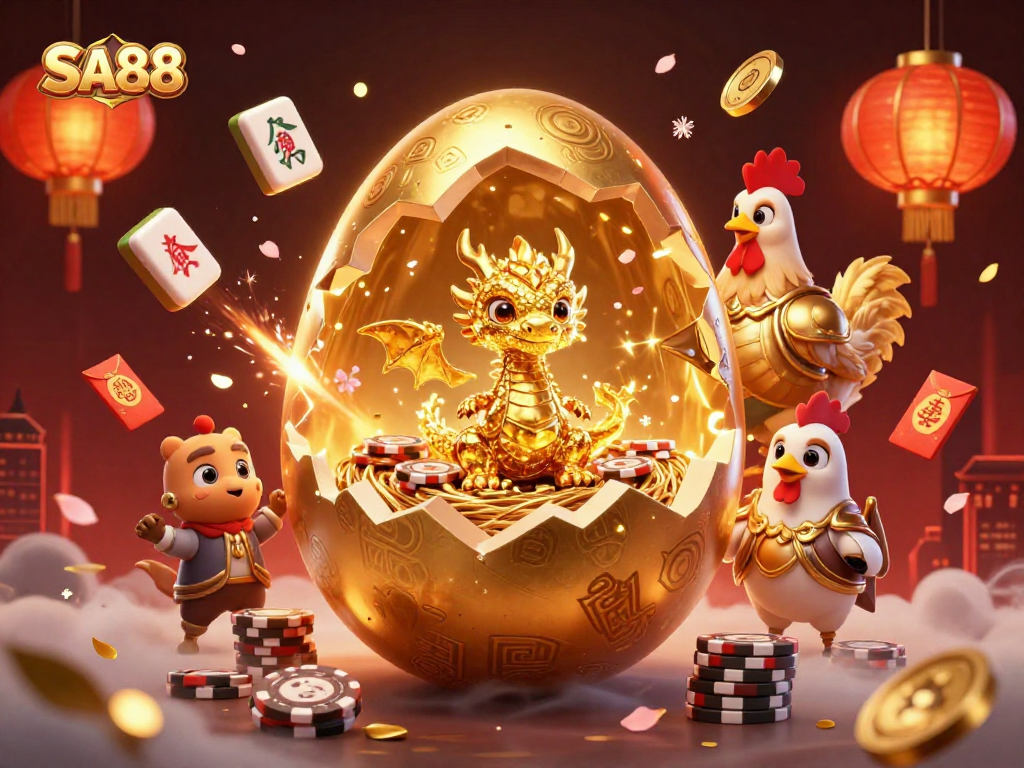 SA88 invites players to a vibrant casino adventure with a golden dragon and poker chips.