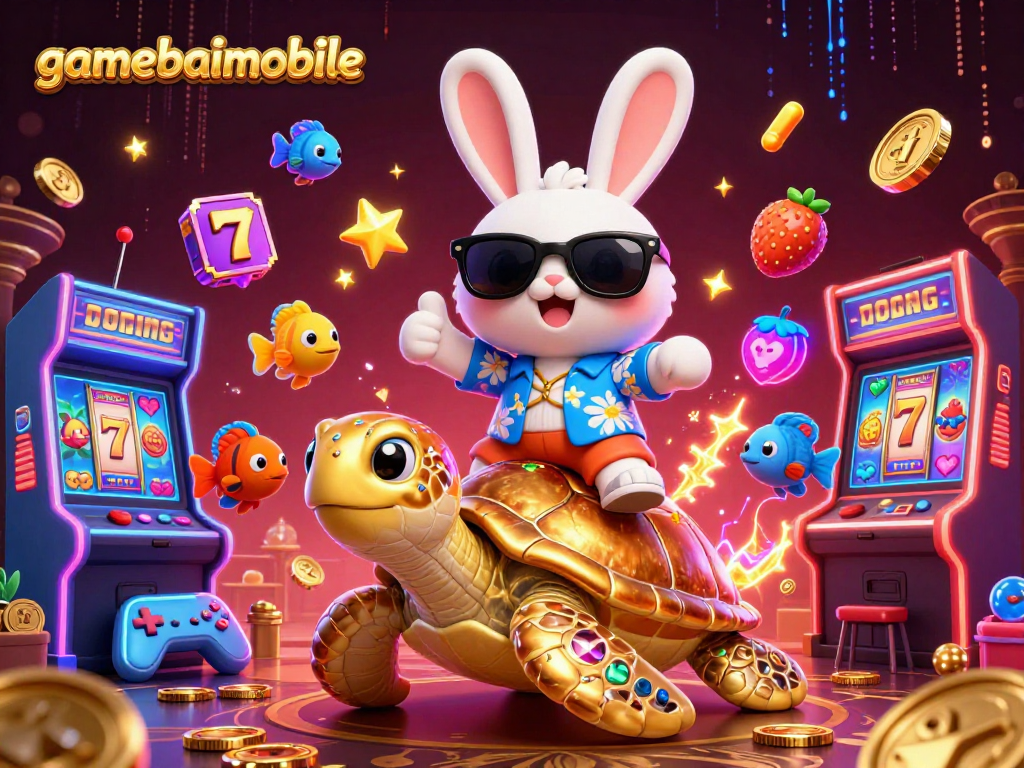 Experience gamebaimobile's vibrant casino atmosphere with a lucky rabbit and golden turtle amidst slot reels and arcade elements.
