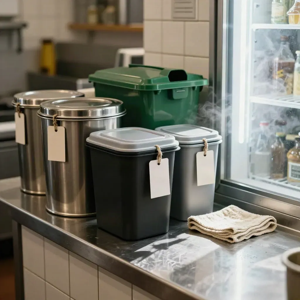 Café kitchen audit kit on a steel counter beside a half-open fridge, with bins and compost caddy.