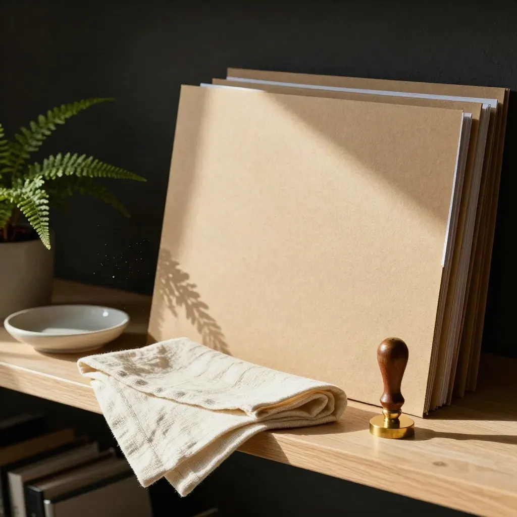 Open certification shelf with kraft folders, brass stamp, linen cloth and fern in moody daylight.