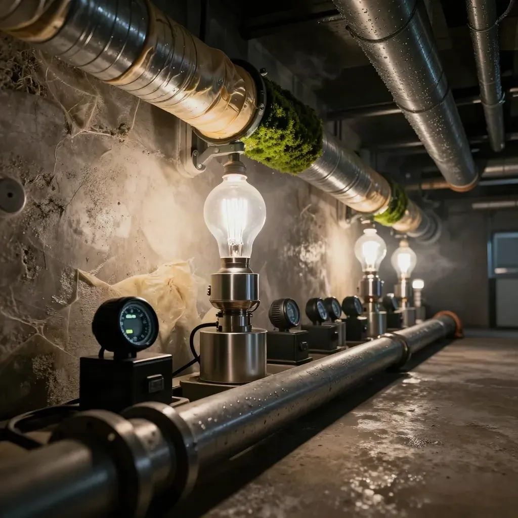 Low-angle basement plant room with LED retrofits, ducting, and one bulb switching on.