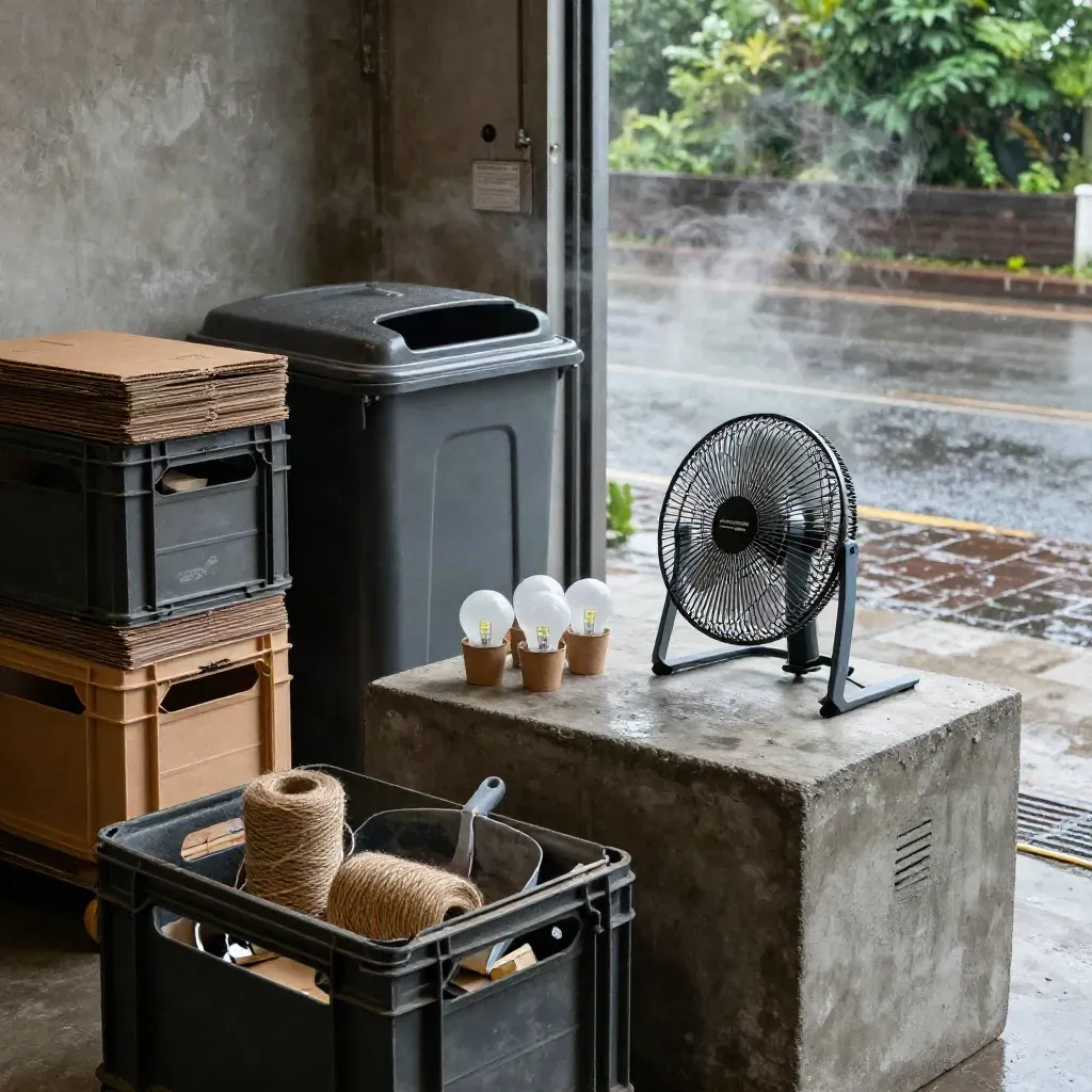 Rainy café back room audit with crates, compost caddy, LED bulbs, and fan
