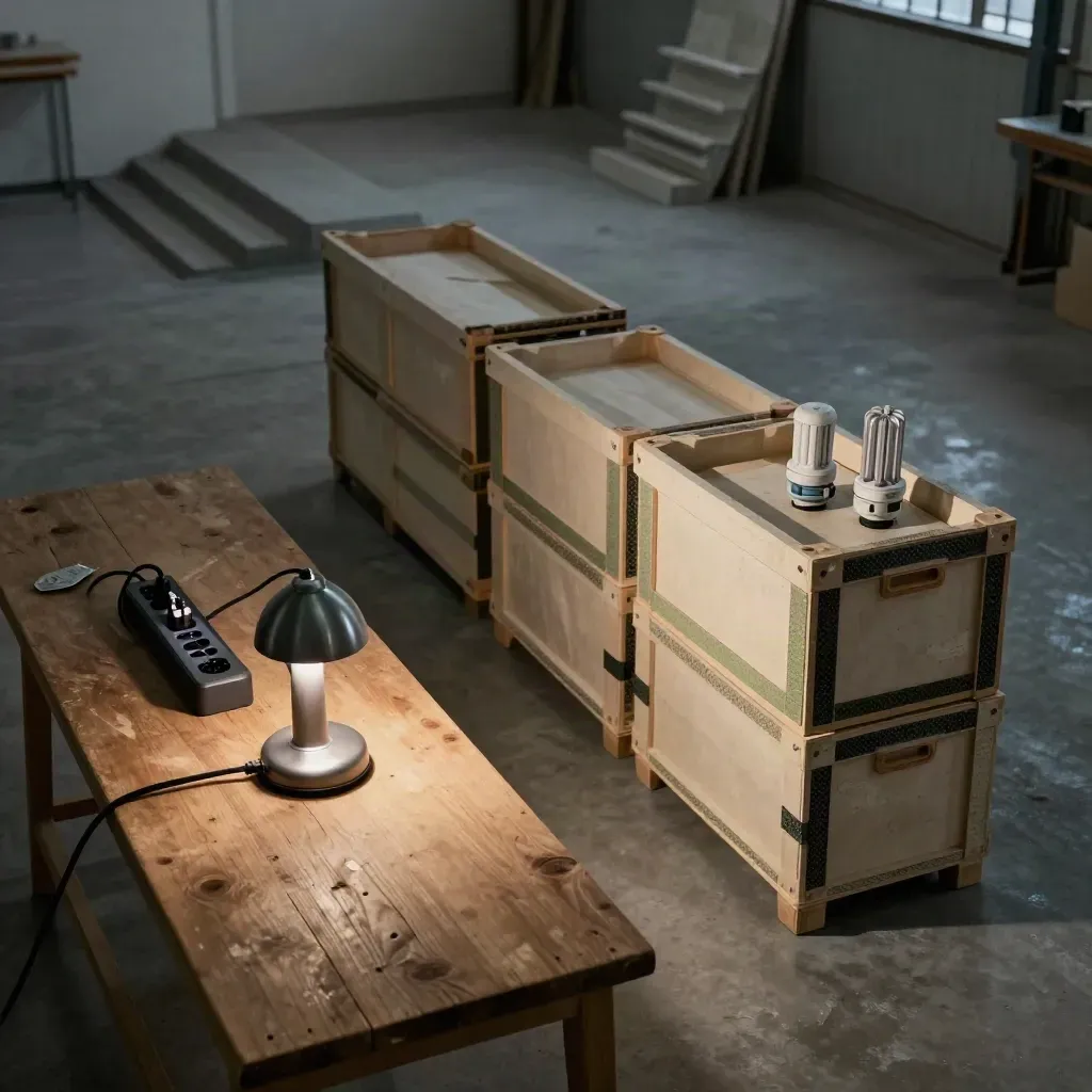 Top-down workshop with lamp, power strip, and crates arranged in three steps at dusk
