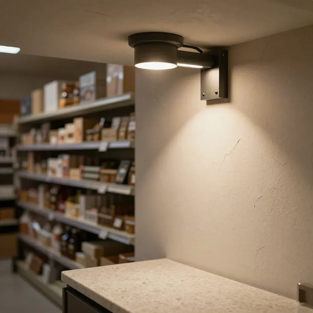 Retail aisle view of a ceiling light upgrade glowing beside a dark old fixture