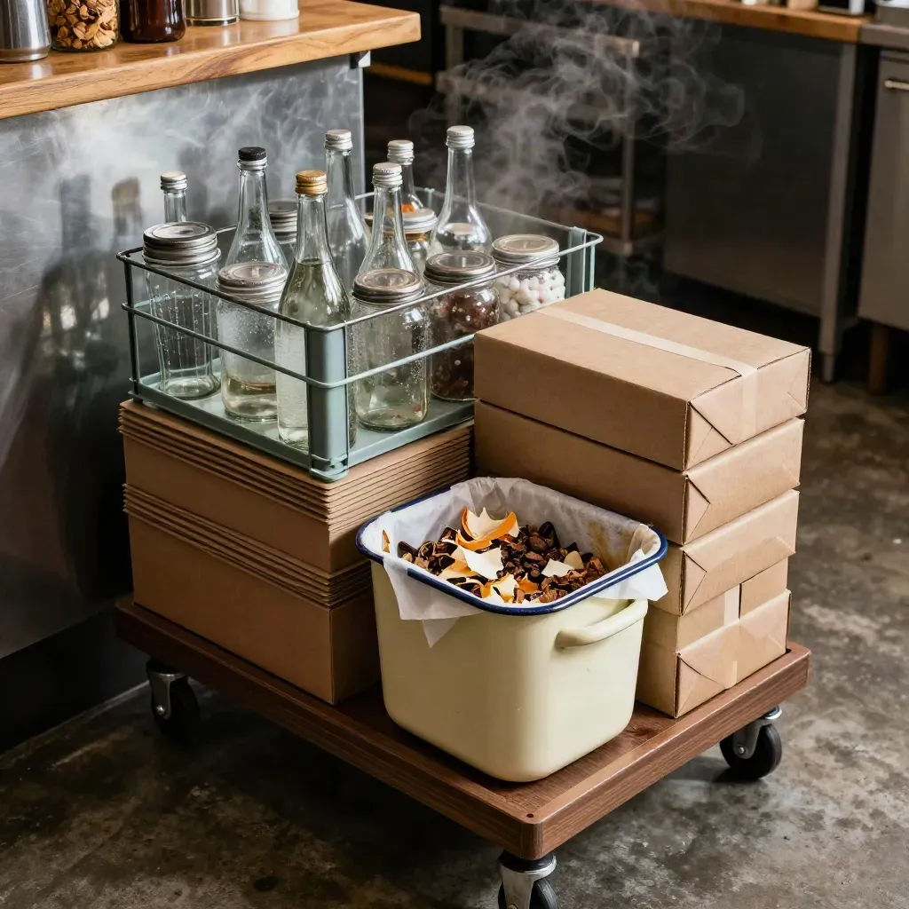 Café waste sorting cart with bottles, flattened boxes, and food scraps in a moody back room.