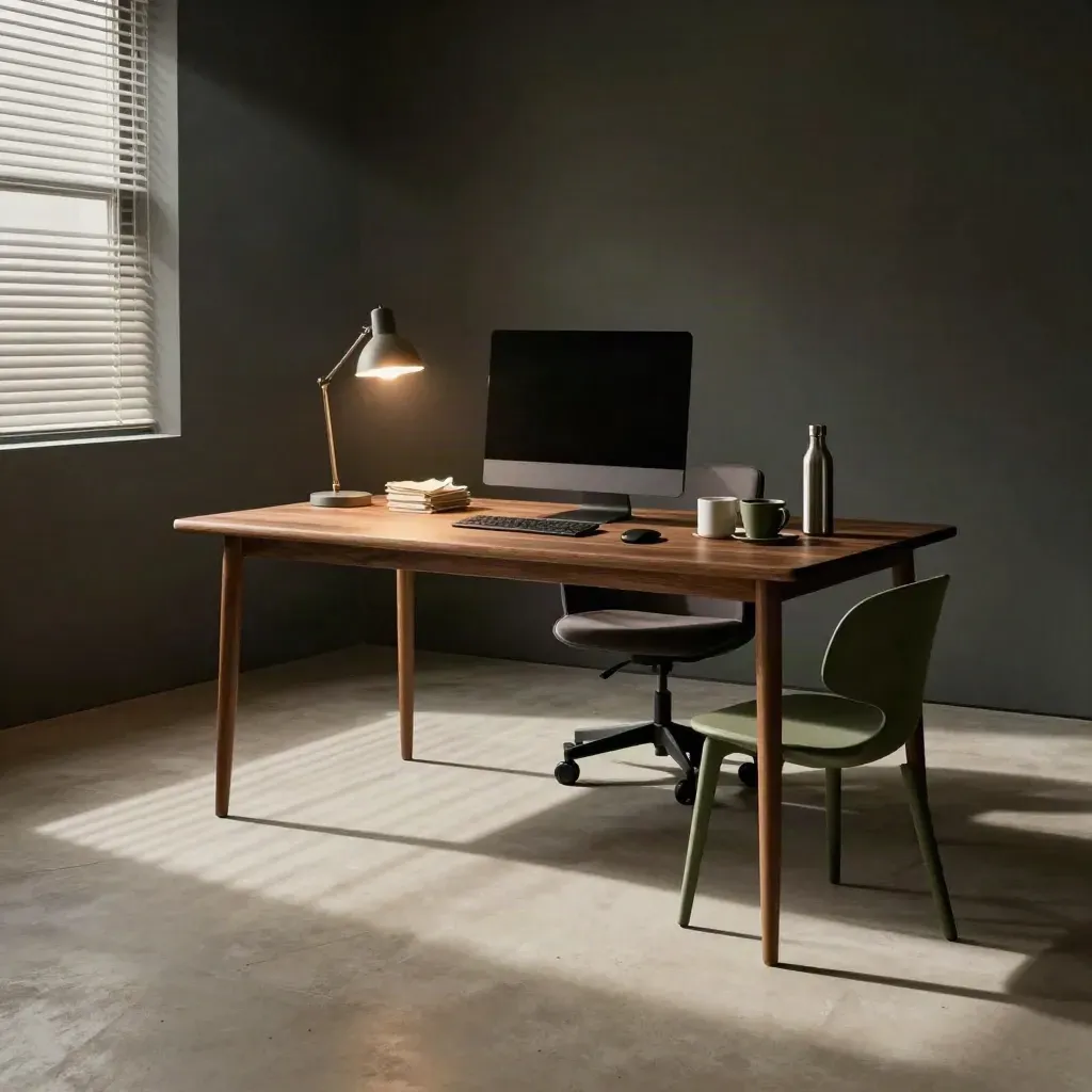 Low office desk at dusk with dark monitor, dimmed lamp, warm pendant and hazy shadows.