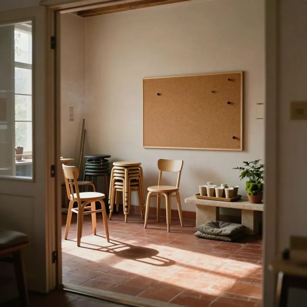 Workshop-ready studio with stacked stools, reusable cups, a blank cork pinboard and a small plant.