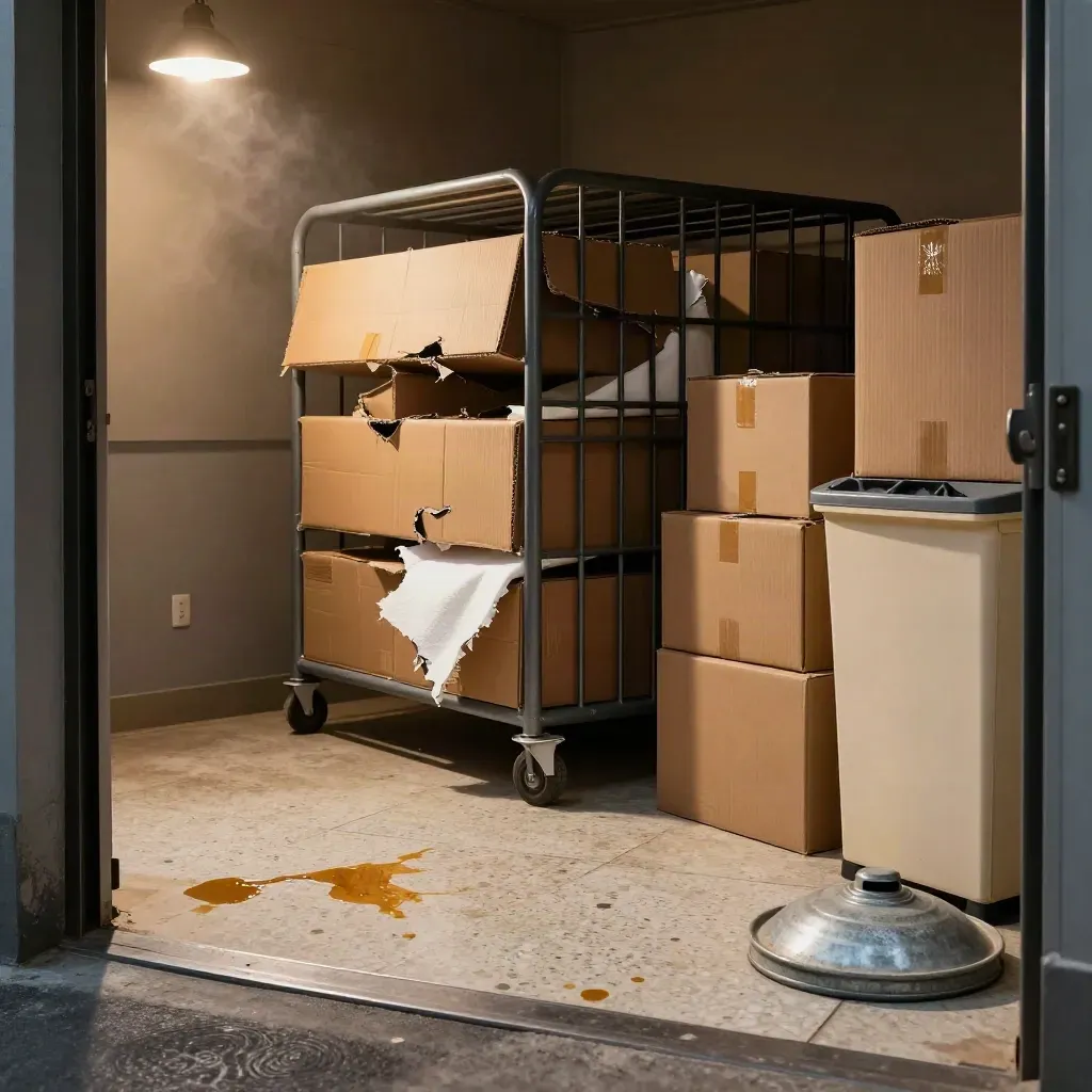 Retail backroom returns, foam, cardboard, and waste station in warm closing light