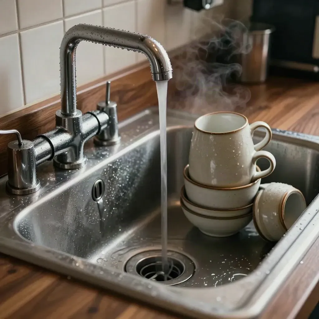 Close-up café wash-up sink with taps, cups, and water on steel under dramatic light.