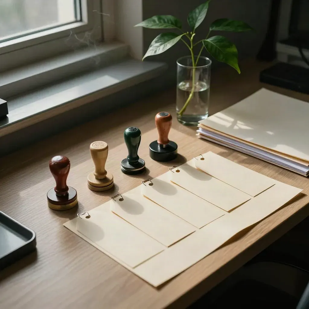 Sustainability certification desk with stamps, folded tags and a plant cutting in hazy daylight.