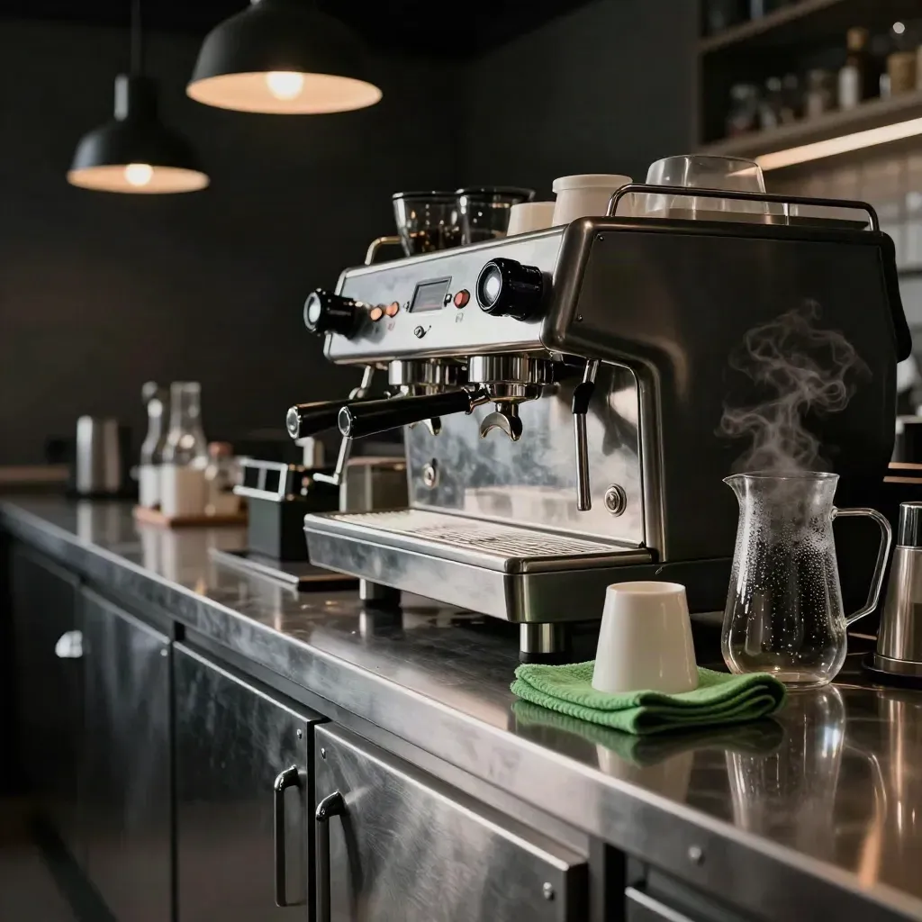 Espresso machine, dark display case and steam in a café evening close-down.