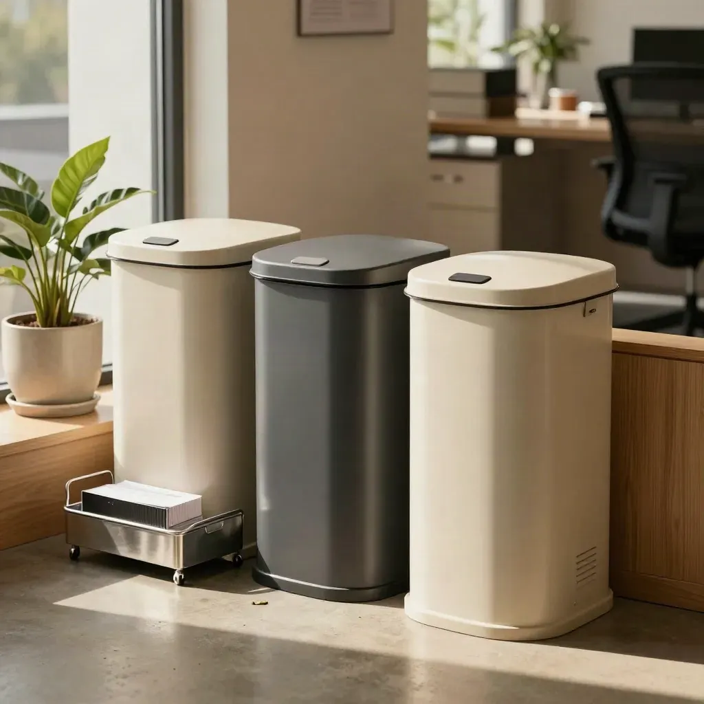 Tidy office recycling station with three bins, metal caddy, and potted plant by window light