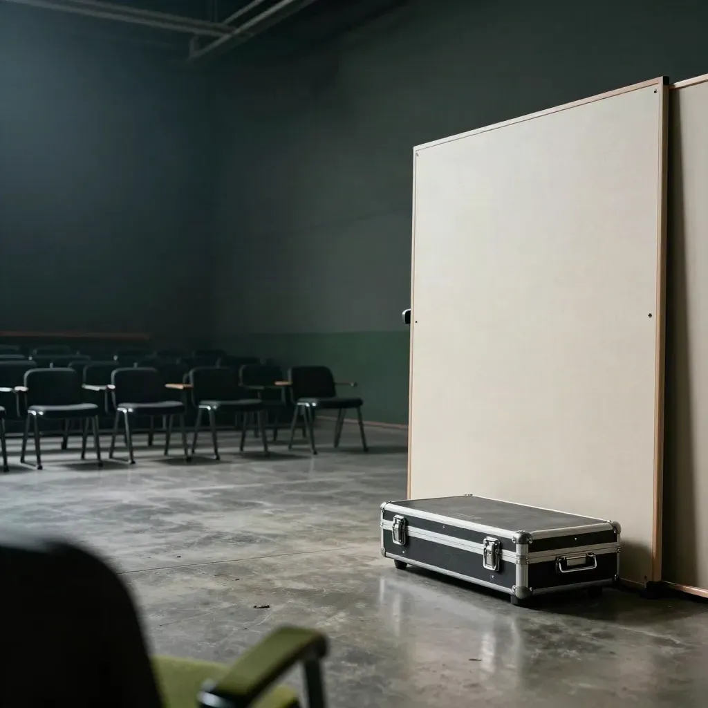 Dark training room with boards, projector case, and folded stools in a hazy beam