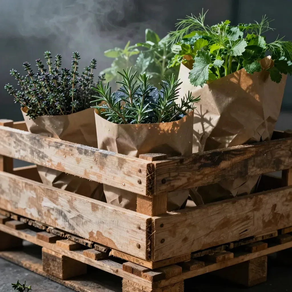 Herbs and paper-wrapped produce on a pallet in a dawn-lit stockroom.
