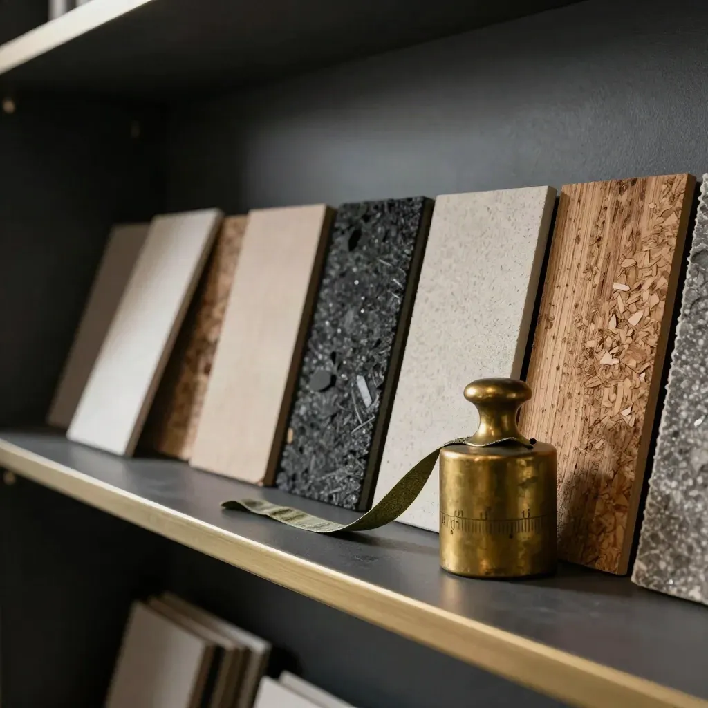 Carbon-baseline shelf with sample swatches, closed folders, and a brass weight
