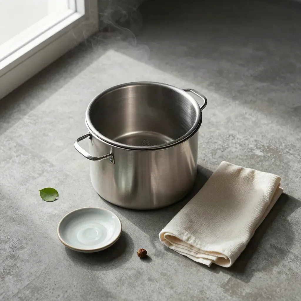 Top-down compost caddy flatlay with cream cloth, ceramic dish and plant cutting on concrete.