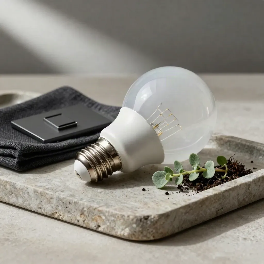 LED bulb, switch plate, charcoal cloth and herb on a stone tray in soft dramatic light
