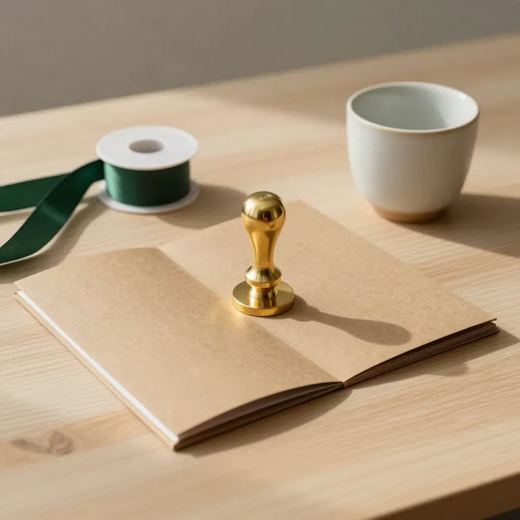 Brass seal, kraft folder, ribbon spool, and ceramic cup arranged on a pale oak desk.