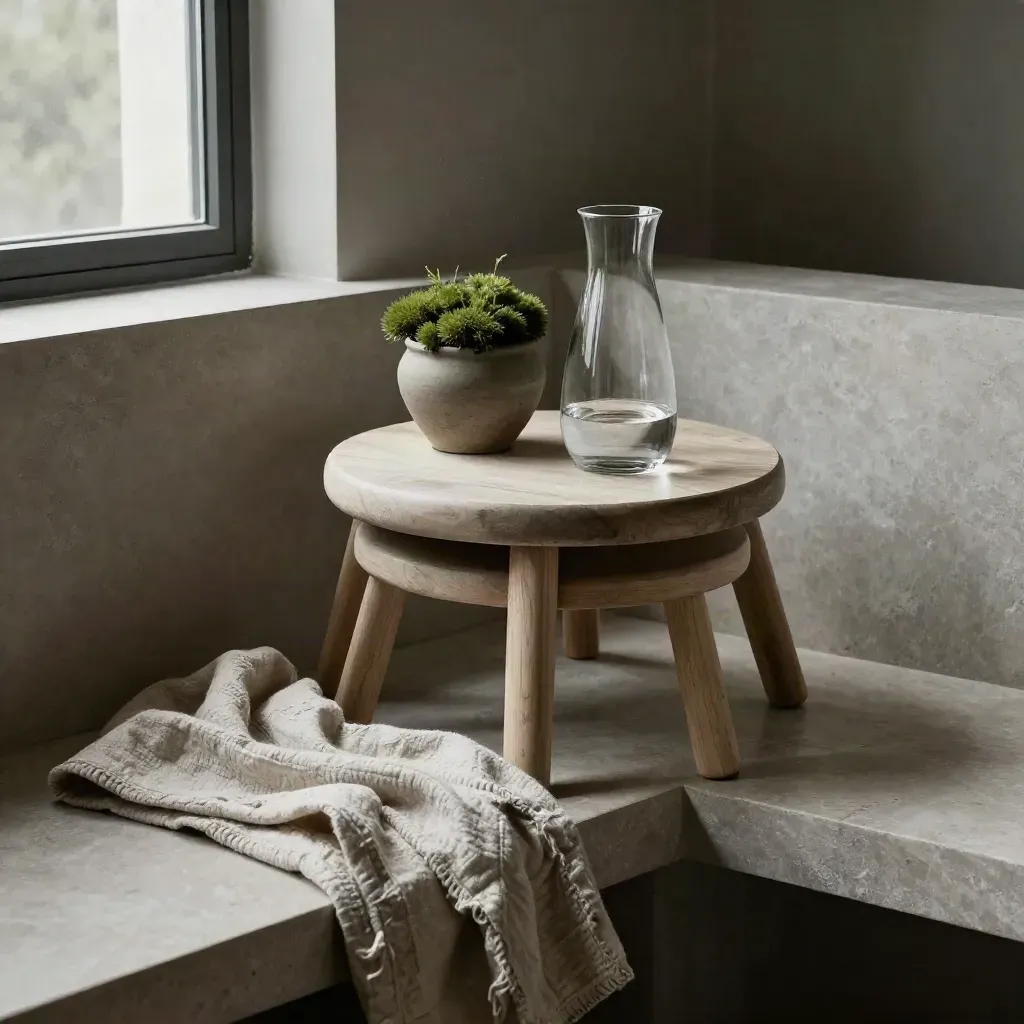 Nested stools with linen, plant and carafe on a meeting nook bench