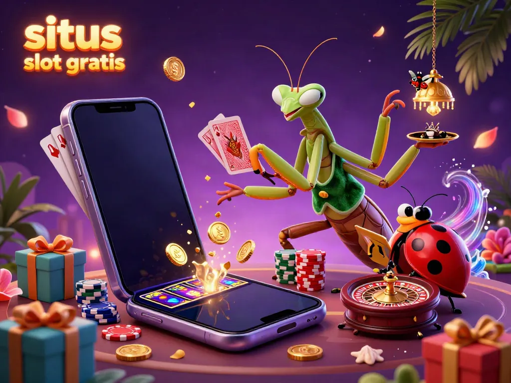 Engage with situs slot gratis as colorful coins and slot reels animate the casino scene, showcasing dynamic gameplay.