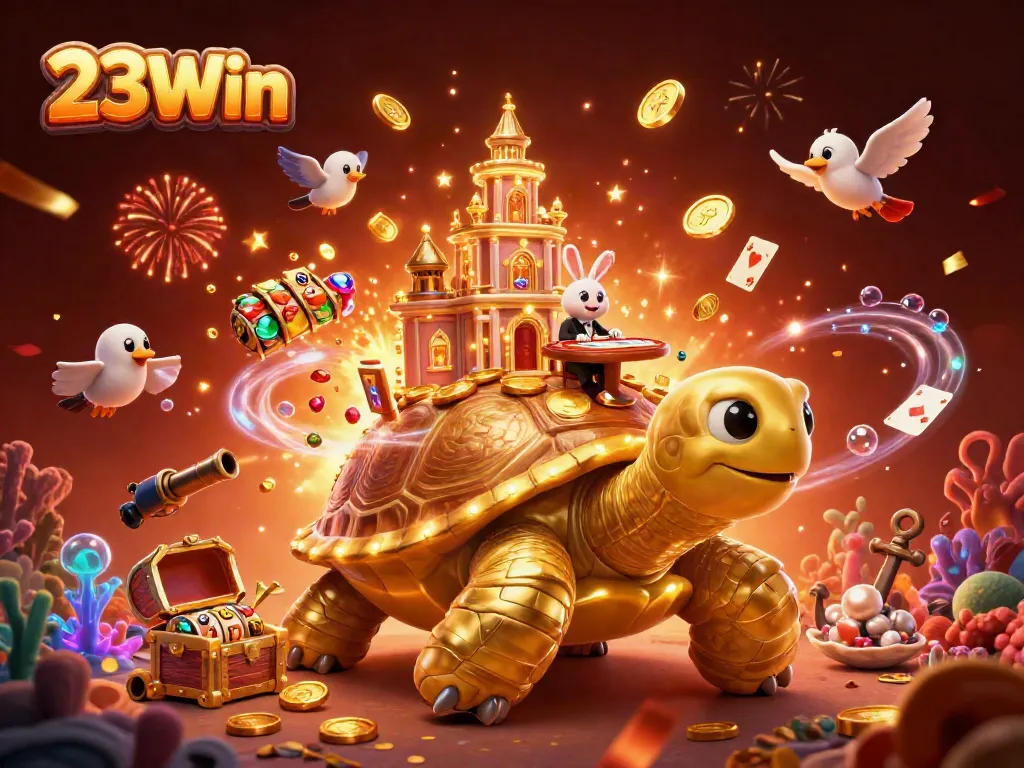 Experience excitement at 23Win with a vibrant casino scene featuring golden tortoise and playful elements.