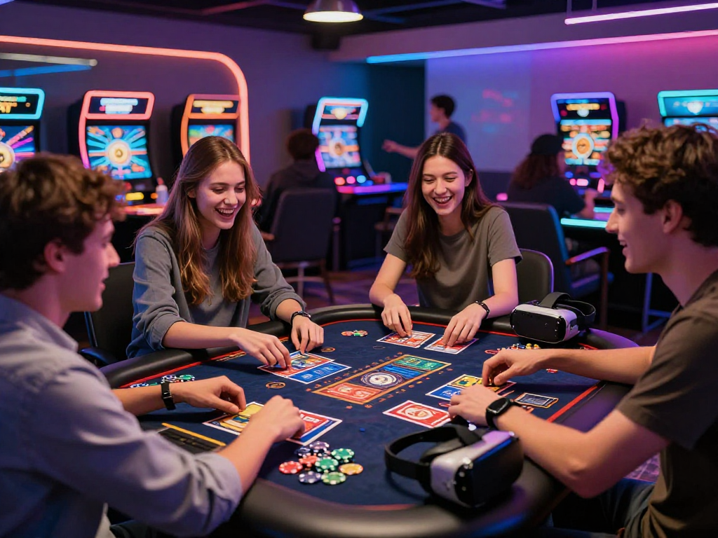 Exciting crypto casino lounge scene with players engaging at a high-tech gaming table.