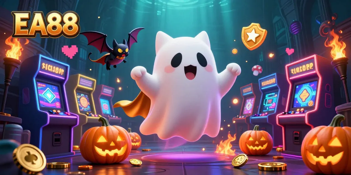 Experience EA88 with a vibrant ghost cat and bat in a haunted casino atmosphere filled with glowing games.