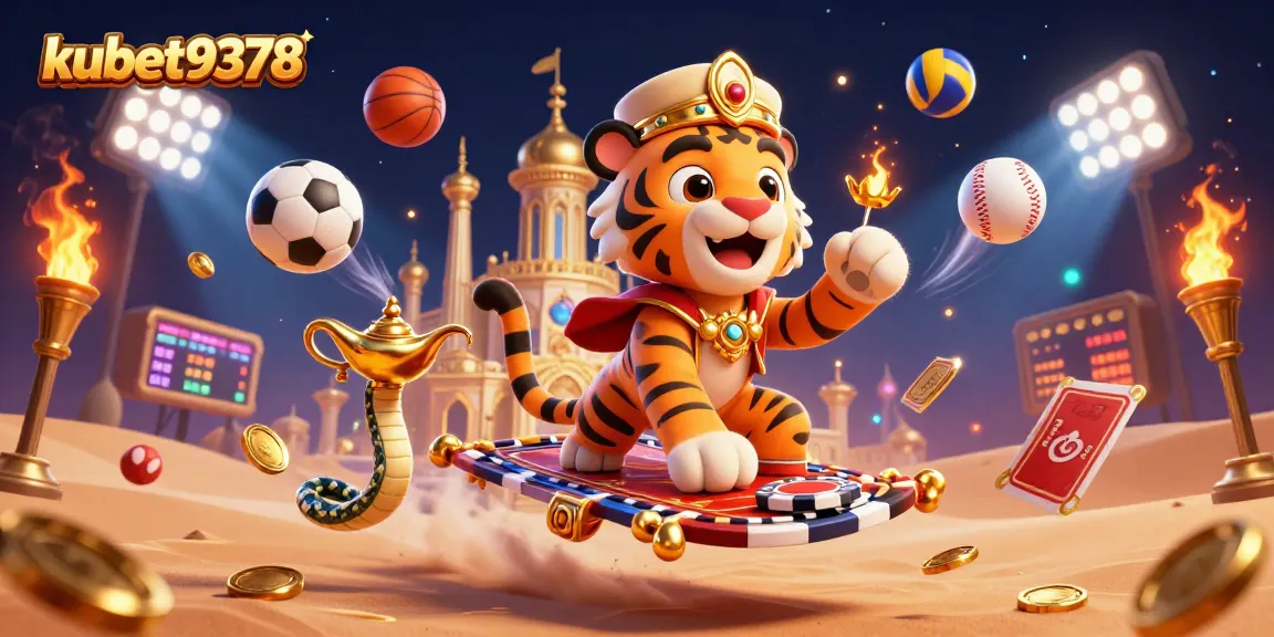 Experience the excitement of kubet9378 with a vibrant illustration featuring a sultan and sports elements.