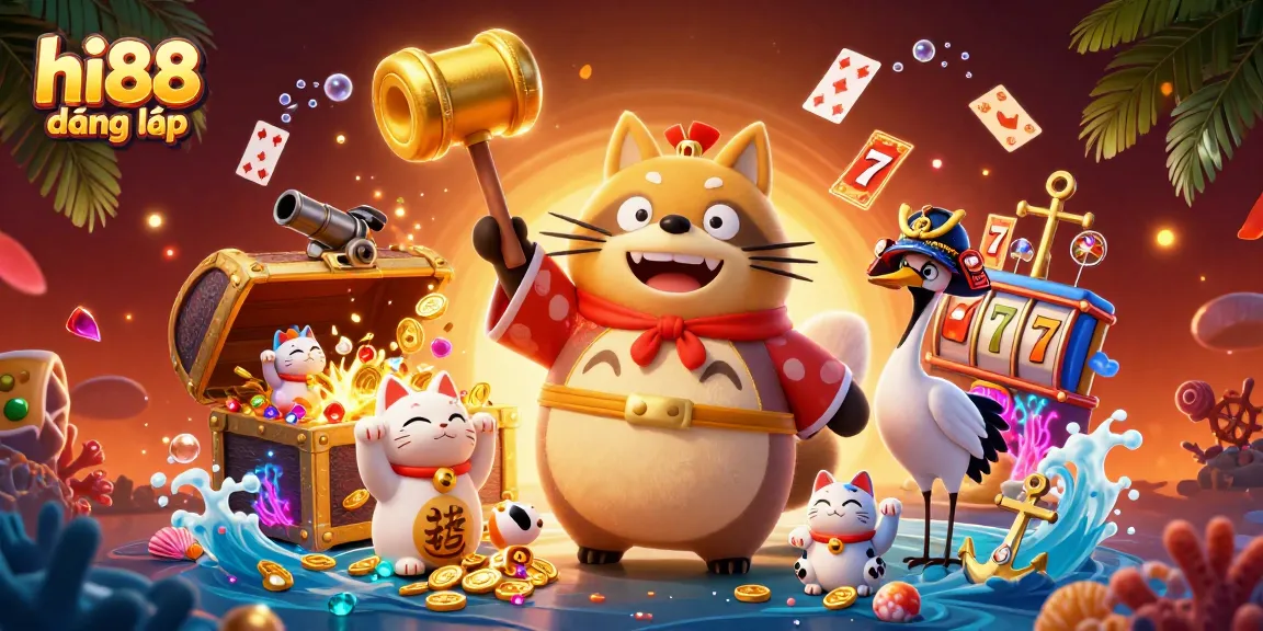 Engage in thrilling gameplay with hi88 đăng nhập as a cheerful tanuki brings luck in a vibrant casino scene.