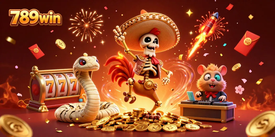 Experience the thrill of 789win with dynamic gaming scenes featuring treasures and festive celebrations.