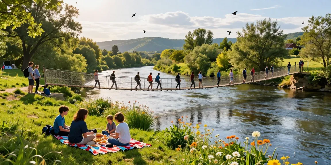 Group of hikers crossing a River Rope Bridge with a scenic view of the river and lush greenery.