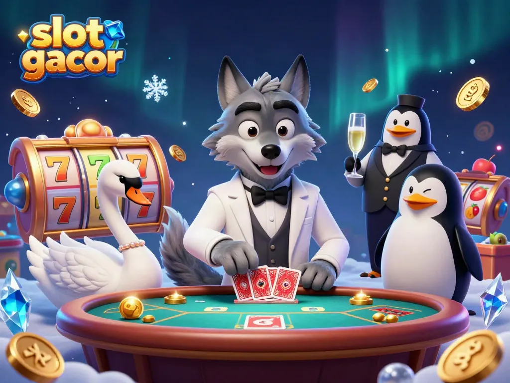 Experience the thrill of slot gacor with a glamorous casino scene featuring cartoon characters and vibrant games.