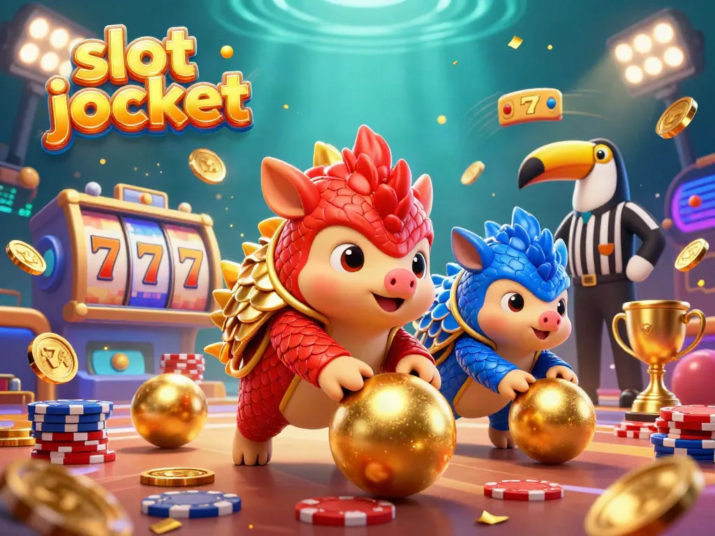 Experience thrilling action with slot jackpot as rival pangolins roll golden balls amid piles of poker chips.