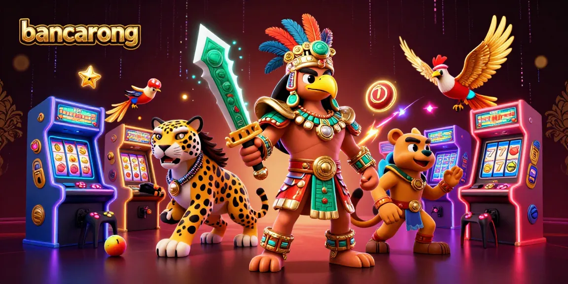 bancarong showcases an Aztec warrior and a jaguar beside vibrant arcade-themed casino elements in an electric atmosphere.
