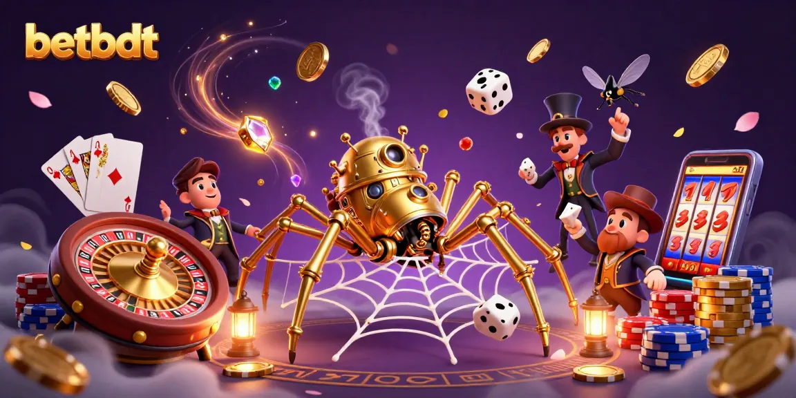 Experience the excitement of betbdt as the steampunk spider captures dice in a dynamic casino scene.