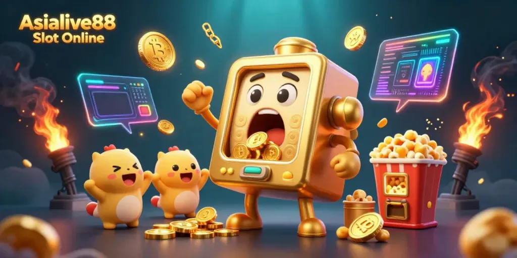 Experience the thrill of winning with Asialive88 Slot Online as golden coins overflow from a joyful slot machine.