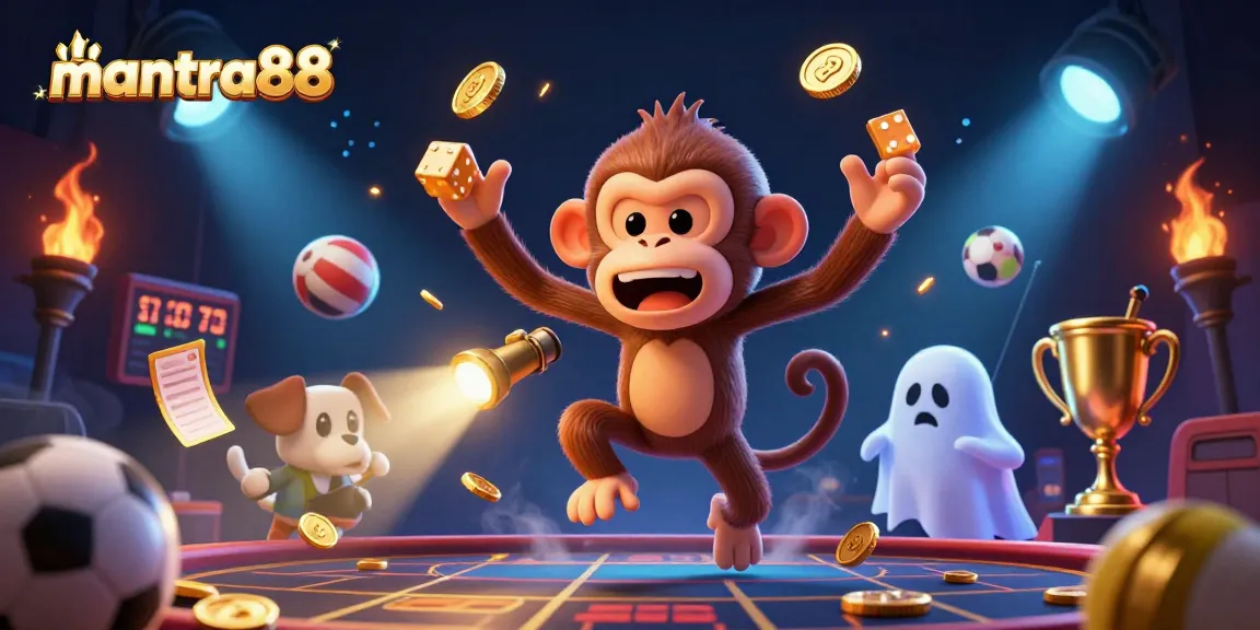 Experience the thrilling poltergeist monkey juggling at the haunted mantra88 casino amidst vibrant sports elements.