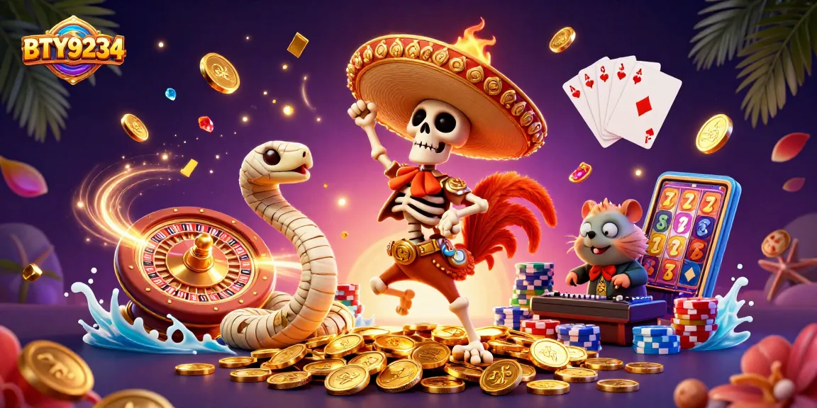 Experience thrilling action at BTY9234 with a mariachi rooster and more in a vibrant casino scene.