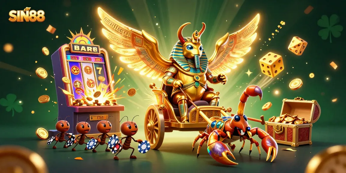 SIN88 casino experience with a golden scarab beetle in pharaoh armor riding a chariot, surrounded by casino elements.