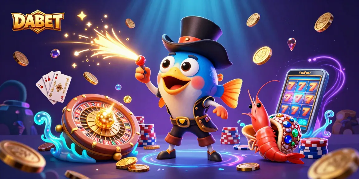 DABET shines with golden coins as an anglerfish, pirate shrimp, and sea snail celebrate in this dynamic casino scene.