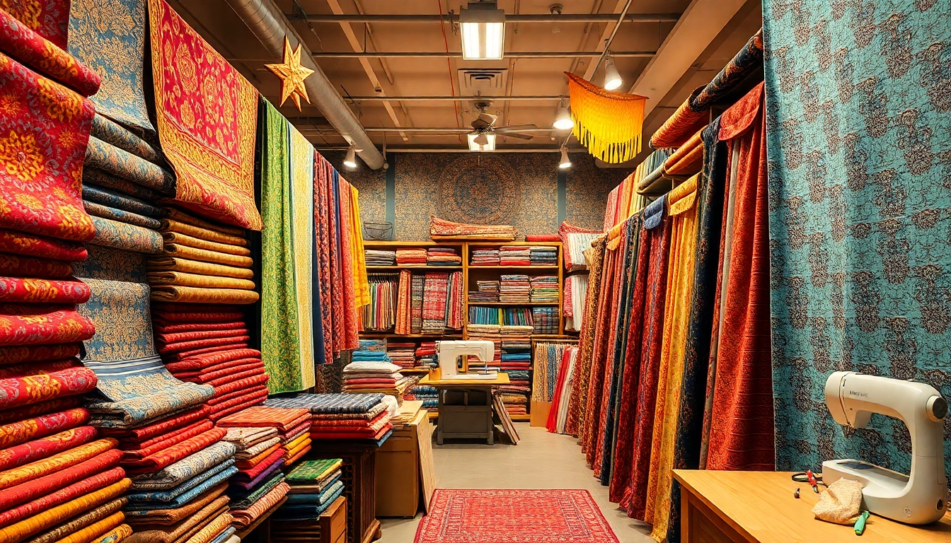 Explore stoffenkraam fabrics displayed vibrantly on shelves with sewing tools.