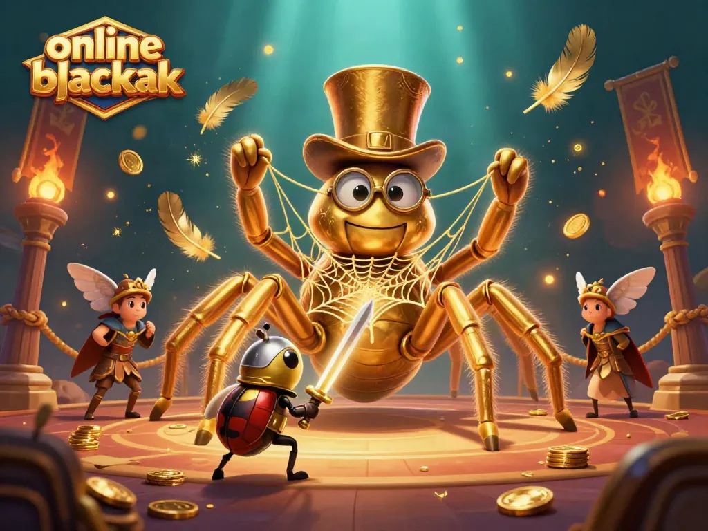 Experience exhilarating online blackjack with a 3D scene of a golden tarantula and beetle knight in an epic casino atmosphere.