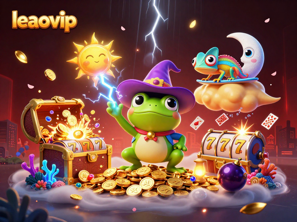 Experience the magic of leaovip with golden coins and dynamic casino elements in a vibrant 3D illustration.