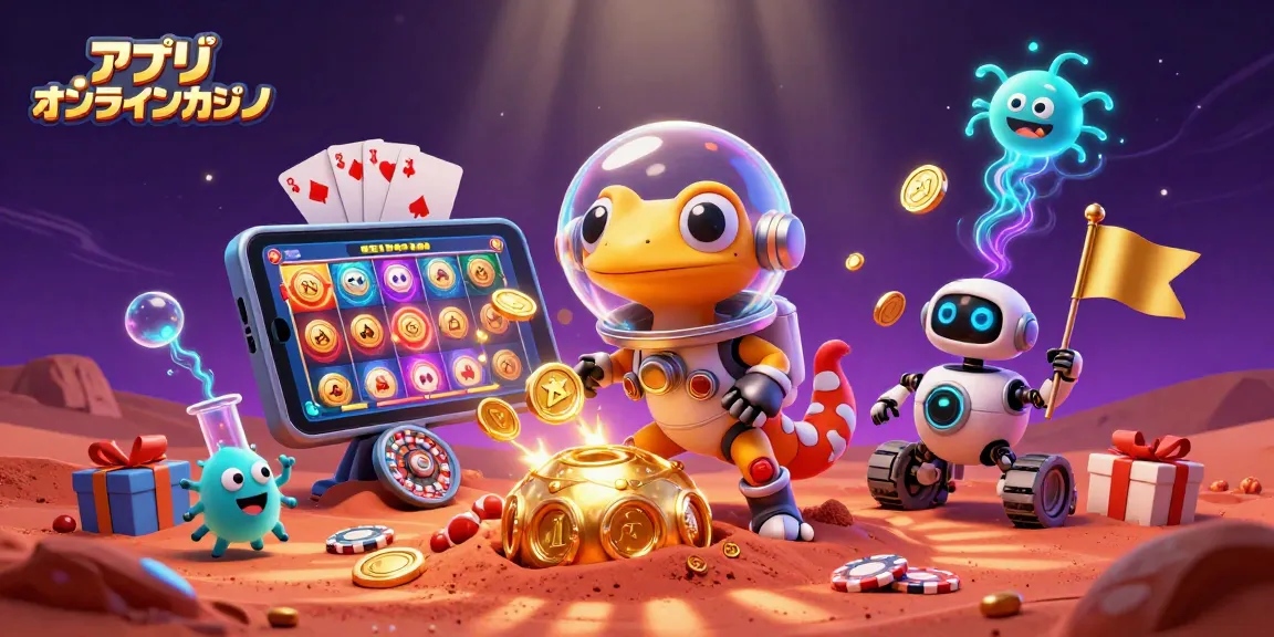 アプリ オンラインカジノでスロットゲームを発見する宇宙の爬虫類キャラクターのイラスト