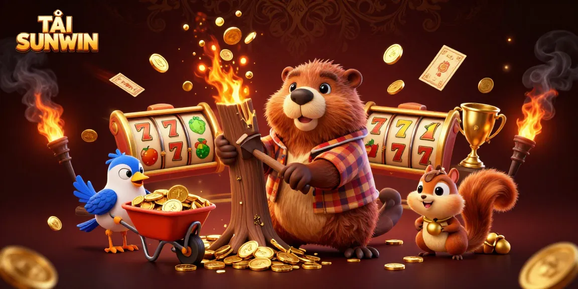 TẢI SUNWIN with a whimsical scene featuring a lumberjack beaver collecting golden coins amidst colorful slot reels.