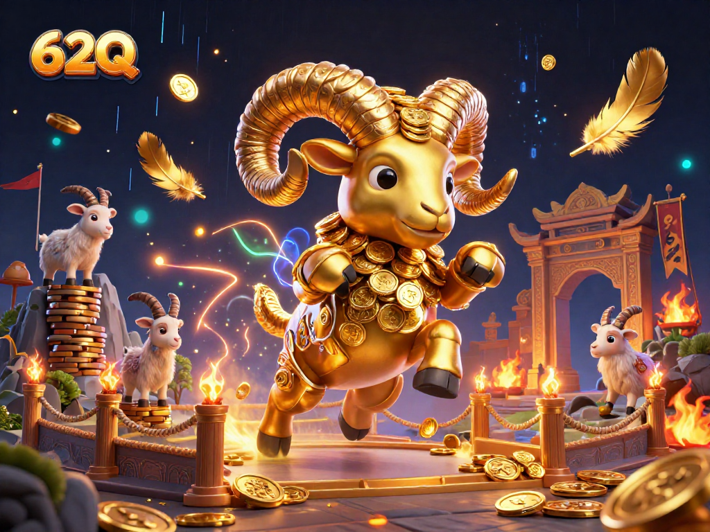Aposte no 62Q, com um carneiro dourado em um cenário de cassino vibrante.